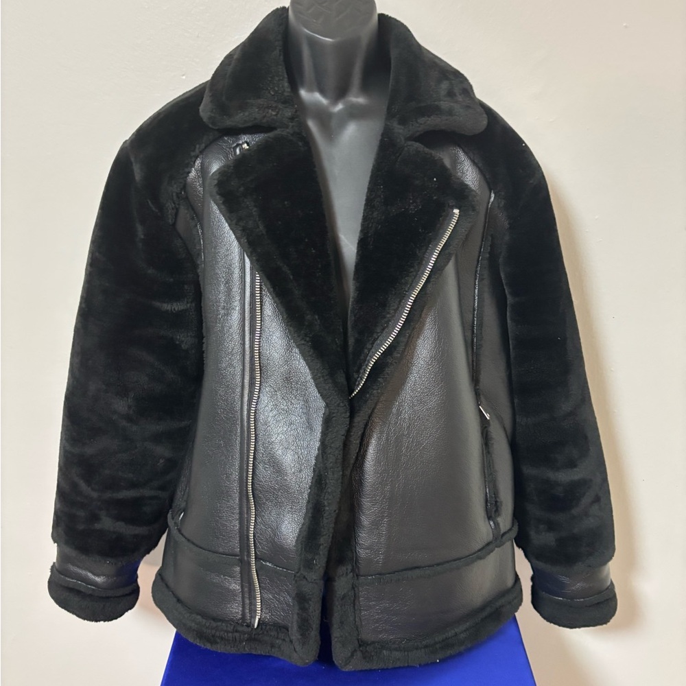 Black Plush Collar Leather Jacket unisex jacket